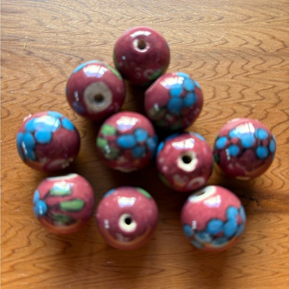 Chunky Glazed Floral Porcelain Beads Large Hole (≈4–5 mm) Berry Red & Blue (x10)